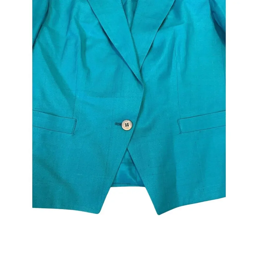 Vintage John Brooks 100% Silk Teal Two Piece Jacket Pleated Midi Skirt Set Sz10